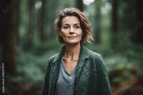 Portrait of mature woman in green coat standing in the forest.