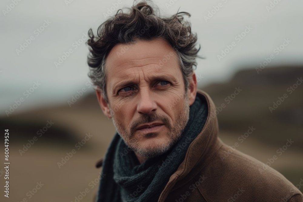 Portrait of a handsome middle-aged man wearing a coat and scarf outdoors Portrait of a handsome middle-aged man wearing a coat and scarf outdoors