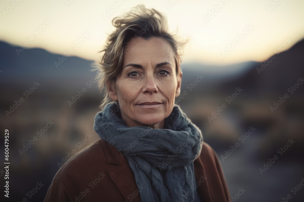 Portrait of a mature woman outdoors in the evening wearing a coat and scarf