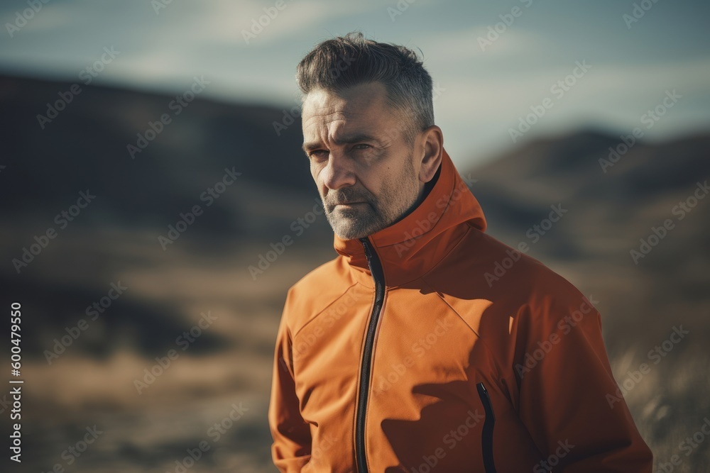 Handsome caucasian man in orange sportswear standing in a field. Handsome caucasian man in orange sportswear standing in a field.