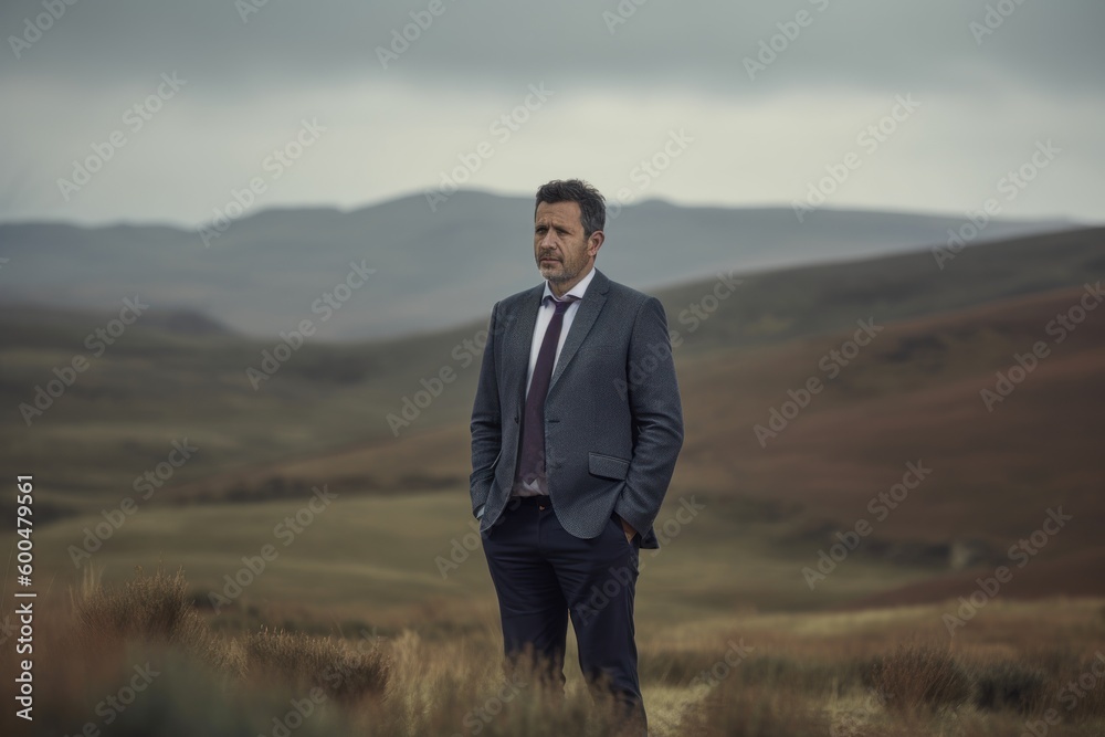 Handsome middle aged man in a suit standing in a field. Handsome middle aged man in a suit standing in a field.