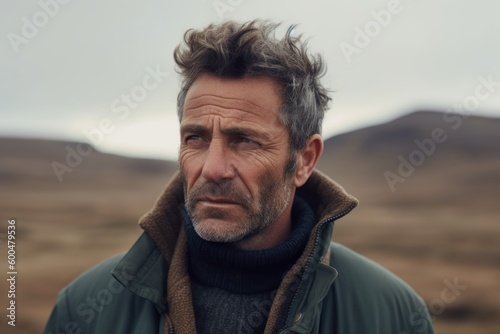 Portrait of a middle-aged man with grey hair wearing a green jacket in the desert.