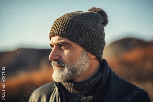Handsome bearded man with grey beard wearing a black hat and blue jacket in the autumn nature.