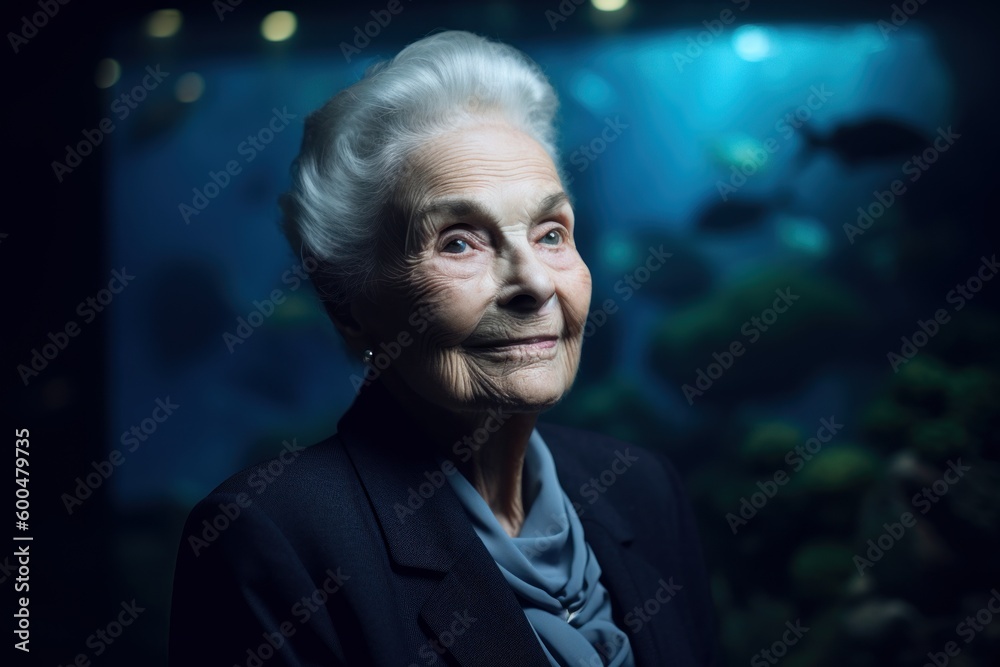 Portrait of an elderly woman looking at the camera in the aquarium Portrait of an elderly woman looking at the camera in the aquarium