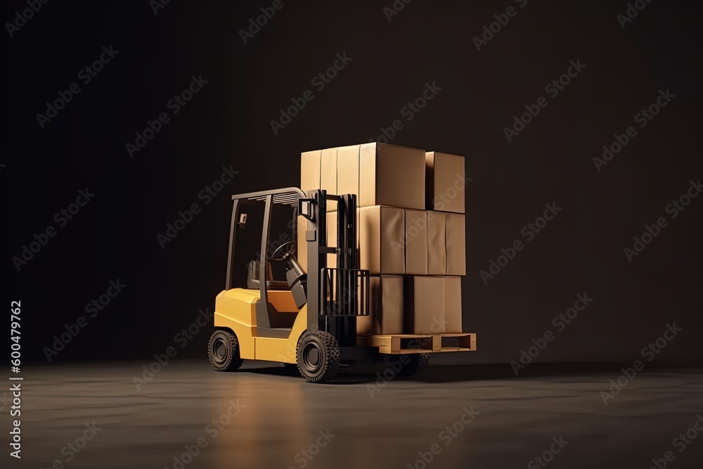 Fast motion forklift with package delivery, view from side, copy space. Generative AI