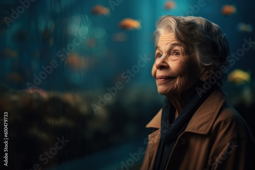 Portrait of an elderly woman in a yellow coat on the background of an aquarium.