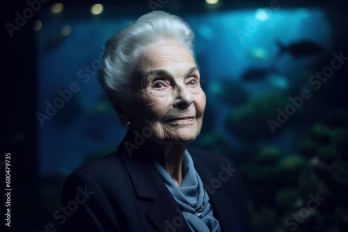 Portrait of an elderly woman looking at the camera in the aquarium