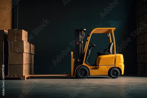Fast motion forklift with package delivery, view from side, copy space. Generative AI