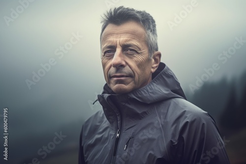 Portrait of a middle-aged man on a foggy mountain
