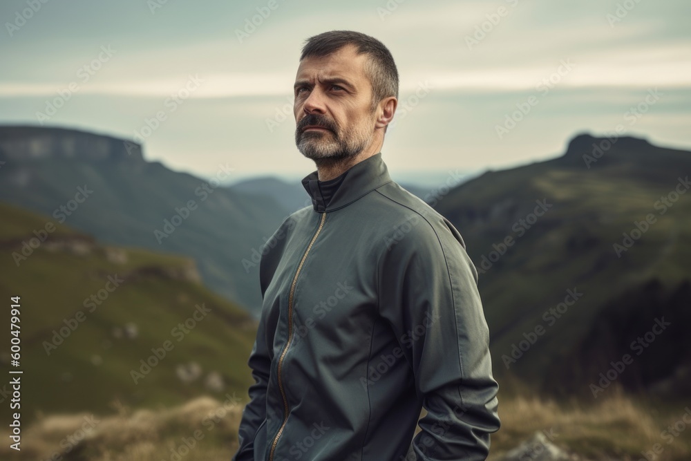 Portrait of a handsome middle-aged man on a mountain top