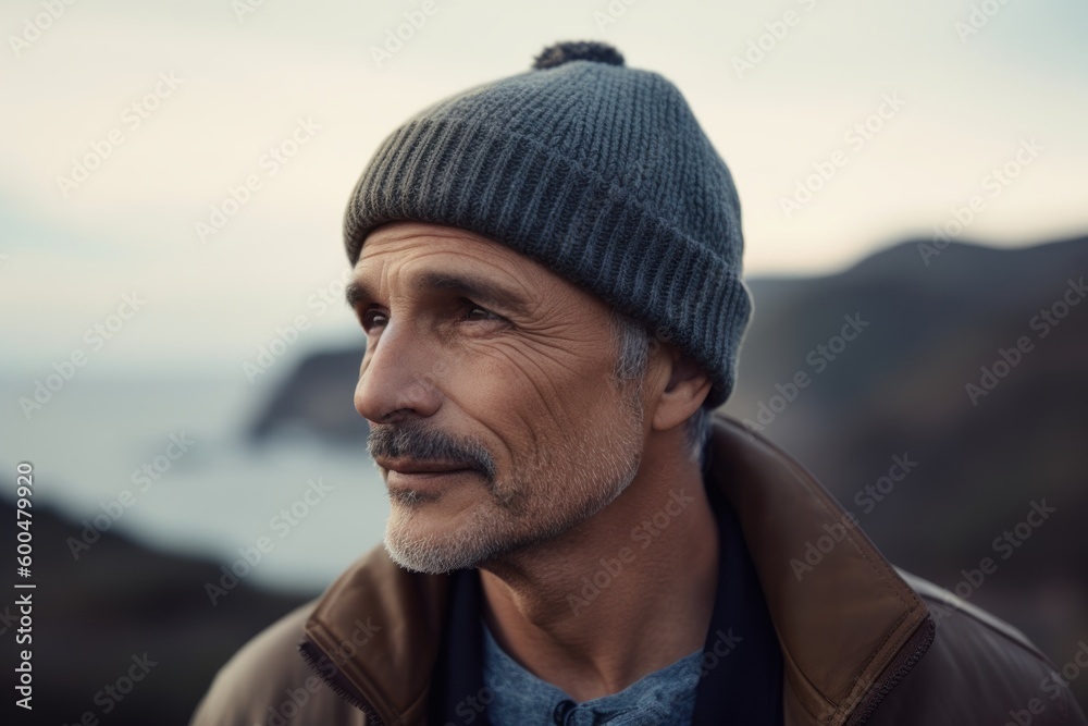 Portrait of a senior man with hat looking away on the beach Portrait of a senior man with hat looking away on the beach