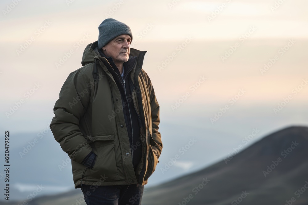 Handsome caucasian man in a green jacket and hat standing on top of a mountain and looking into the distance