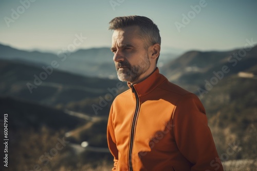 Handsome bearded man in orange jacket standing on top of mountain and looking away