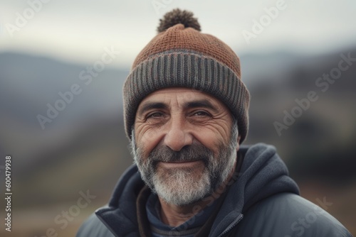 Portrait of a smiling senior man in a warm hat and jacket.