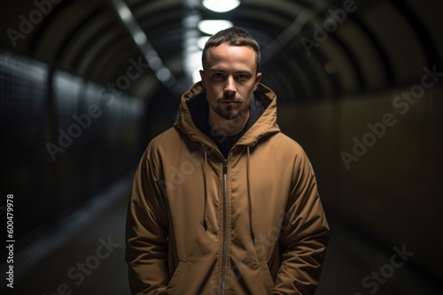 Medium shot portrait photography of a pleased man in his 30s wearing a comfortable tracksuit against a tunnel or underground passage background. Generative AI