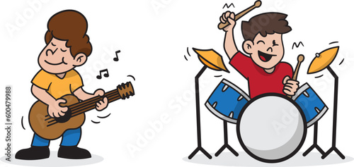 set of Man character playing music with guitar and drums instruments cartoon style illustration.