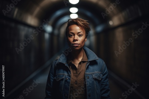 Portrait of a young African-American woman in a dark tunnel.