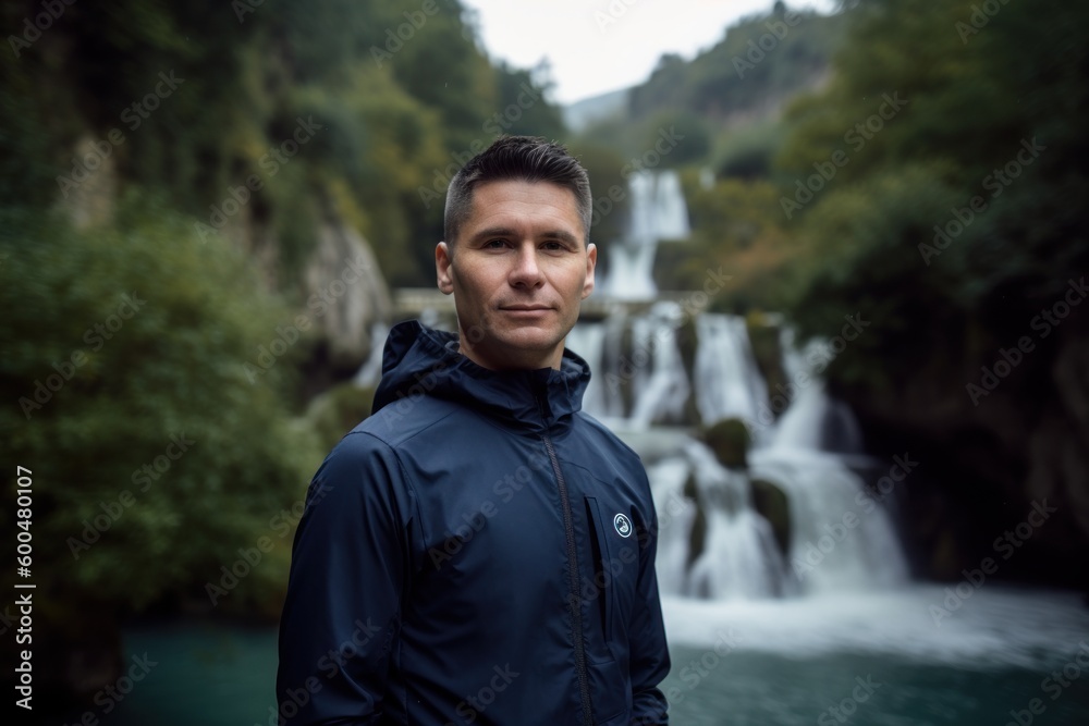 Handsome man standing in front of waterfall in Plitvice Lakes National Park, Croatia Handsome man standing in front of waterfall in Plitvice Lakes National Park, Croatia