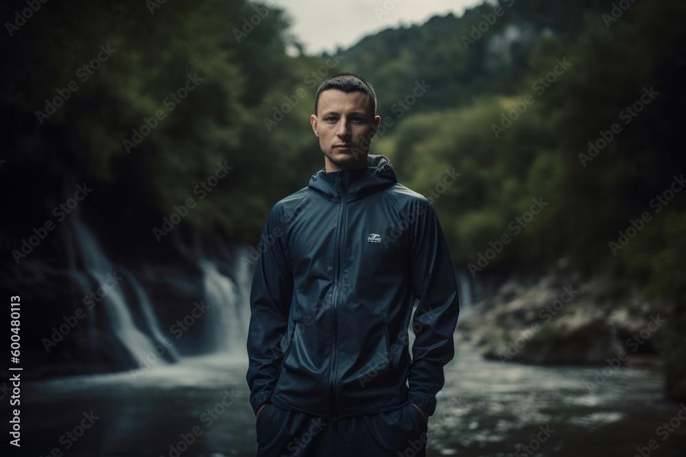 Athletic man in sportswear standing in front of waterfall