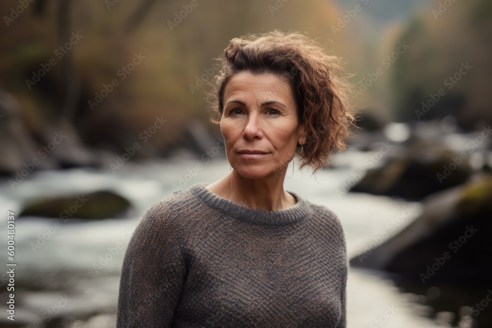 Portrait of a middle-aged woman on the background of a mountain river Portrait of a middle-aged woman on the background of a mountain river