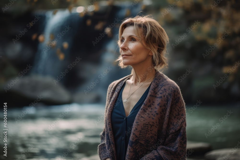 Portrait of a beautiful middle-aged woman on the background of a waterfall