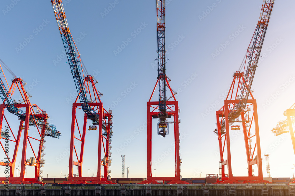 Scenic view row big cargo container ship loading Hamburg city port harbour seaport cranes at warm morning sunrise light sky. Global commercial trade freight charter shipping logistics background Scenic view row big cargo container ship loading Hamburg city port harbour seaport cranes at warm morning sunrise light sky. Global commercial trade freight charter shipping logistics background