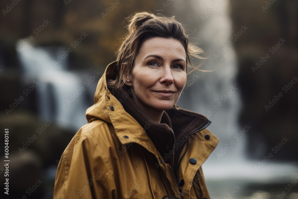 Portrait of a beautiful woman in a yellow raincoat on the background of a waterfall