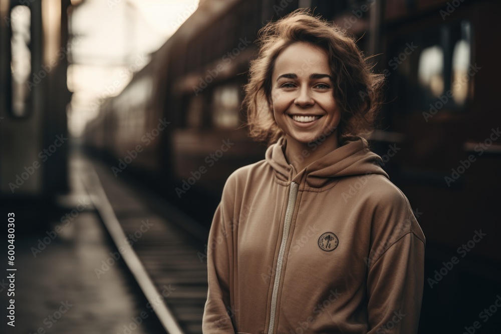 Portrait of smiling young woman standing on the platform of a train station Portrait of smiling young woman standing on the platform of a train station