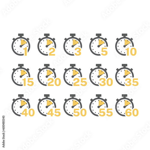 Timer or stopwatch with minute numbers icon set. Chronometer for time, clock symbol with 1, 2, 5 minutes set.