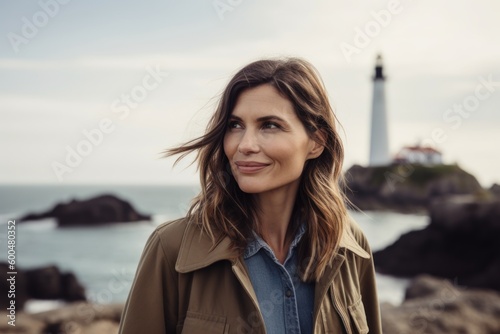 Portrait of a beautiful woman standing in front of a lighthouse at the beach © Robert MEYNER