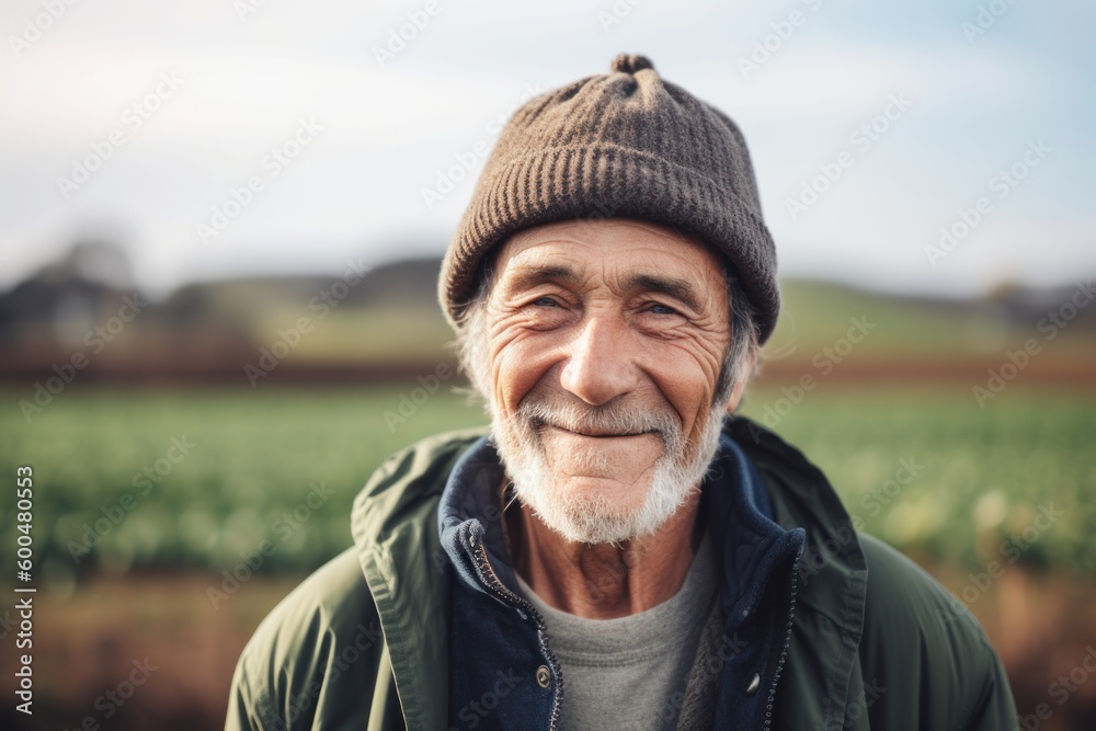 Portrait of a senior farmer standing in his field and looking at camera Portrait of a senior farmer standing in his field and looking at camera