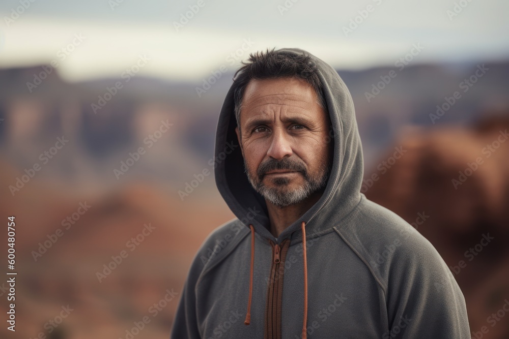 Full-length portrait photography of a satisfied man in his 40s wearing a stylish hoodie against a canyon or desert landscape background. Generative AI Full-length portrait photography of a satisfied man in his 40s wearing a stylish hoodie against a canyon or desert landscape background. Generative AI