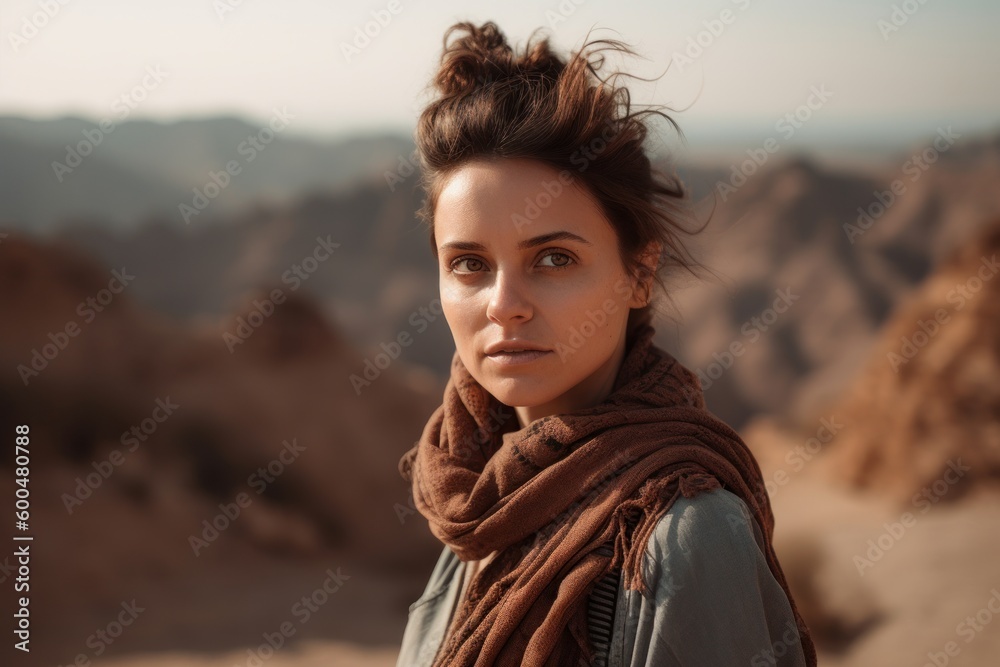 Portrait of a beautiful girl with a scarf in the mountains. Portrait of a beautiful girl with a scarf in the mountains.