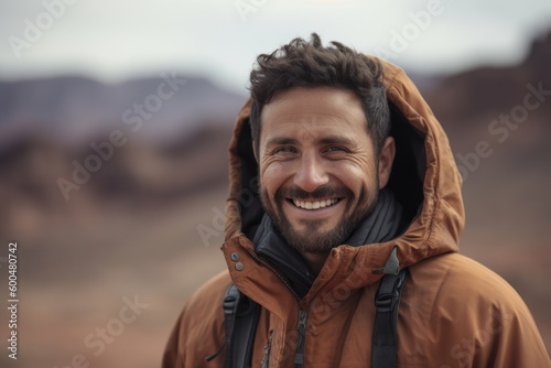 Portrait of a smiling young man wearing a jacket in the desert