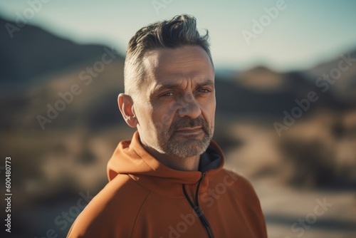 Portrait of a middle-aged man in an orange hoodie in the desert.