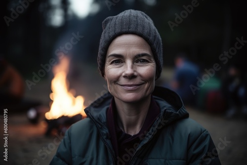 Portrait of a smiling woman standing near bonfire in the forest