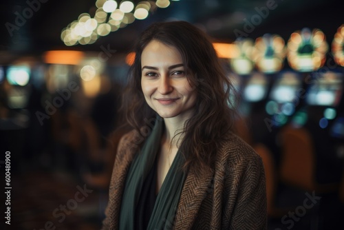Portrait of a beautiful young woman in a casino with slot machines