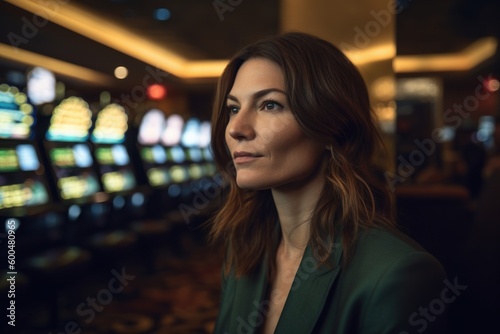 Portrait of a beautiful woman with long brown hair in a casino