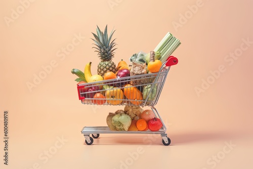 Grocery cart full of shopping on a light background  generative ai