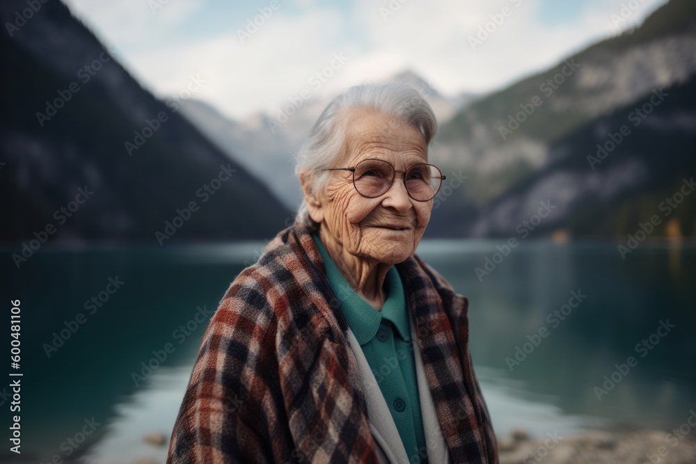 Portrait of an elderly woman in a plaid shirt and glasses on the background of a mountain lake
