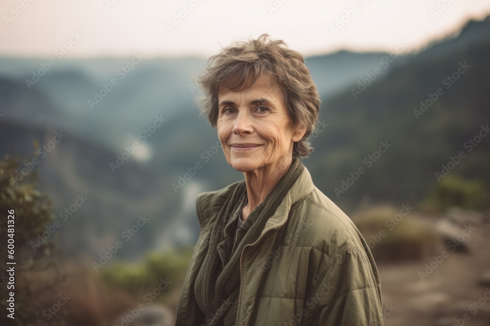 Portrait of smiling senior woman standing on top of mountain and looking at camera Portrait of smiling senior woman standing on top of mountain and looking at camera
