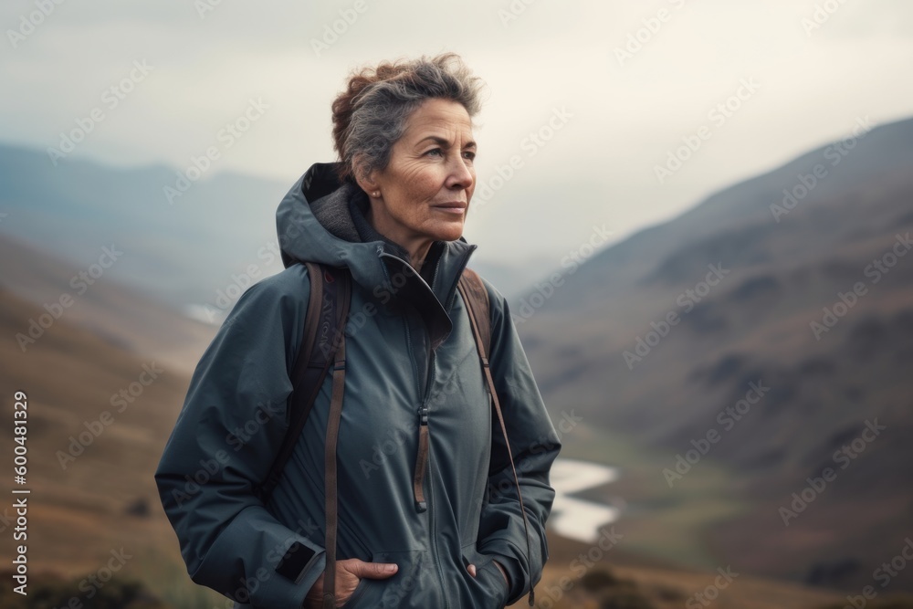 Portrait of a middle-aged woman with a backpack standing in the mountains.