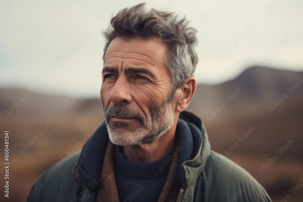 Portrait of senior man with grey hair and beard looking away in the mountains