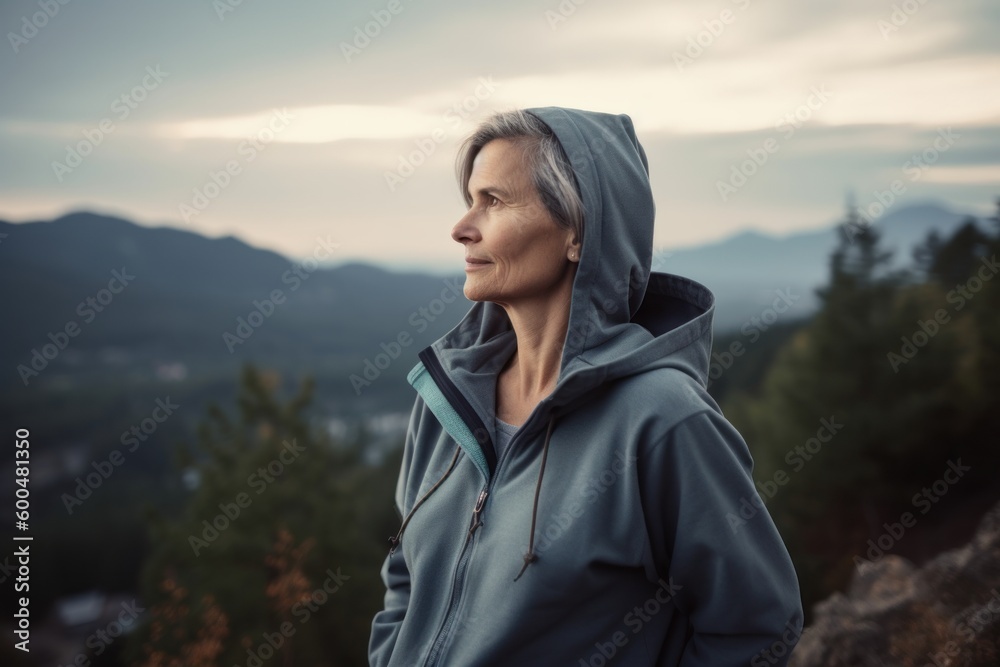 Portrait of a beautiful middle-aged woman in a blue jacket on the top of the mountain.