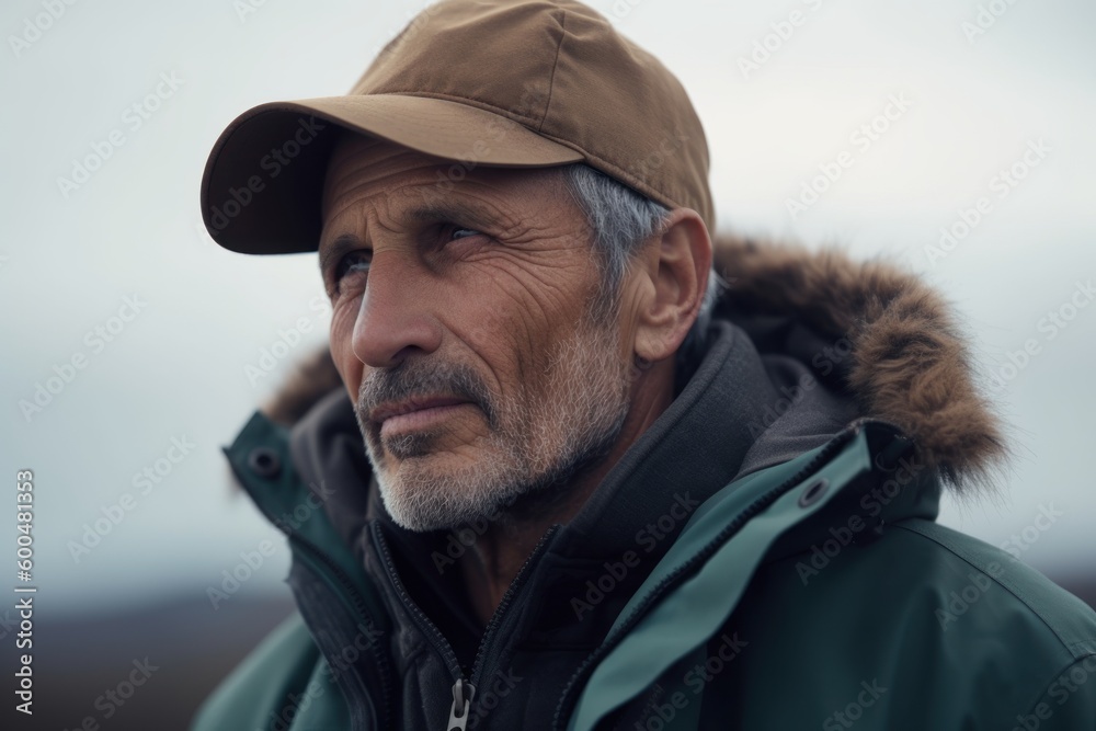 Portrait of senior man wearing cap and jacket standing outdoors in winter