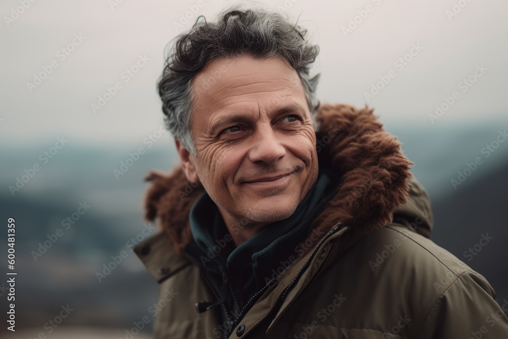 Portrait of handsome mature man in winter jacket looking at camera while standing outdoors