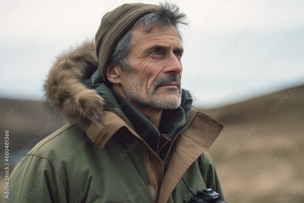 Portrait of a handsome mature man in a jacket with a hood.