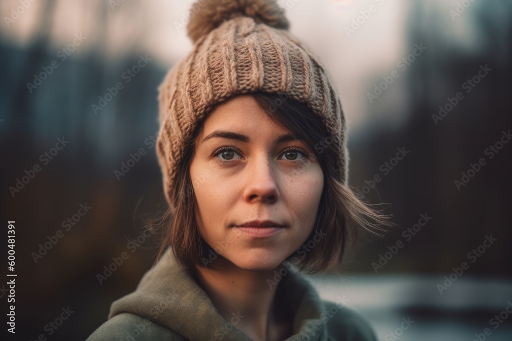 Close-up portrait of a beautiful girl in a warm hat and coat. Close-up portrait of a beautiful girl in a warm hat and coat.