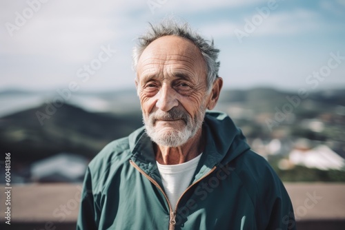 Portrait of senior man with grey hair and beard looking at camera while standing outdoors.