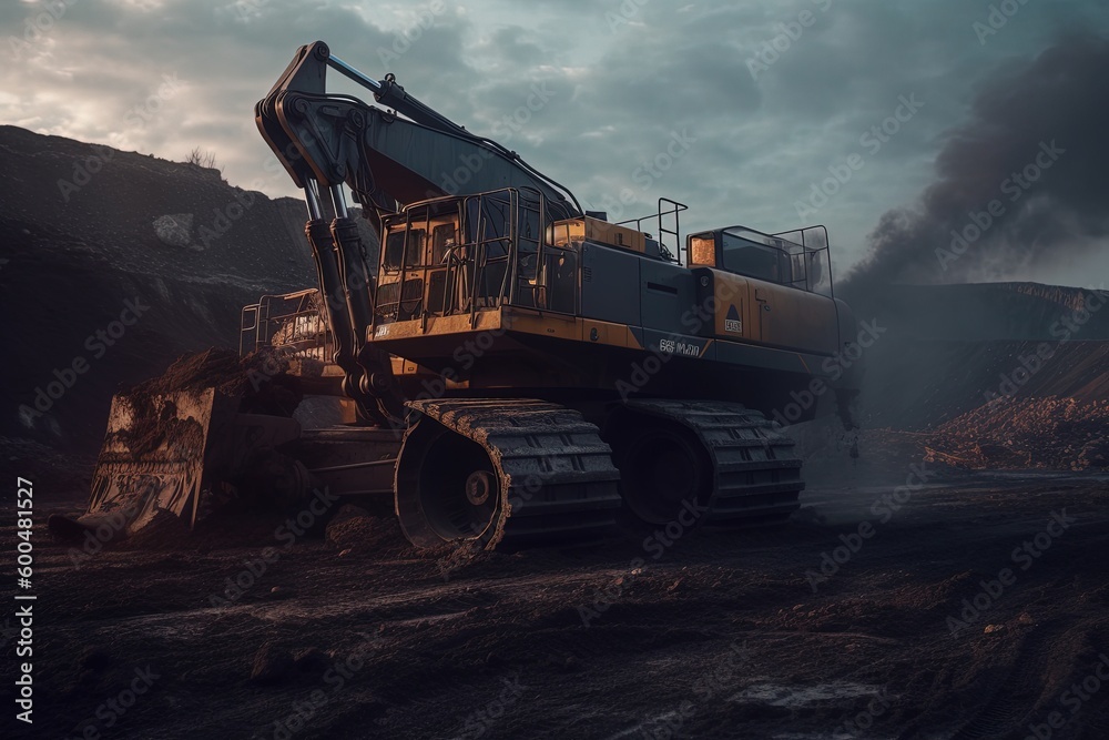 Fototapeta premium Heavy machinery in the mining quarry, coal industry. Generative AI